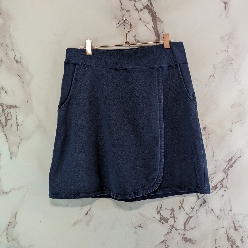 REI Skirt Womens Small Navy Blue Mini Faux Wrap Heathered Stretch Pockets Active
